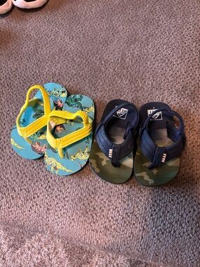 Size 4 Toddler Sandals: Reef Navy Camo and Carters Teal Yellow Dinosaur
